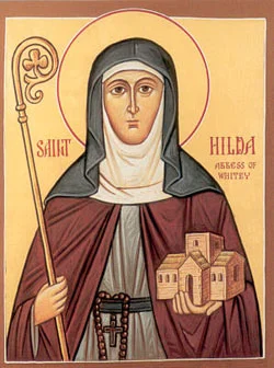 Тот же иконографический тип с надписью «SAINT HILDA ABBESS OF WHITBY», иной вариант письма