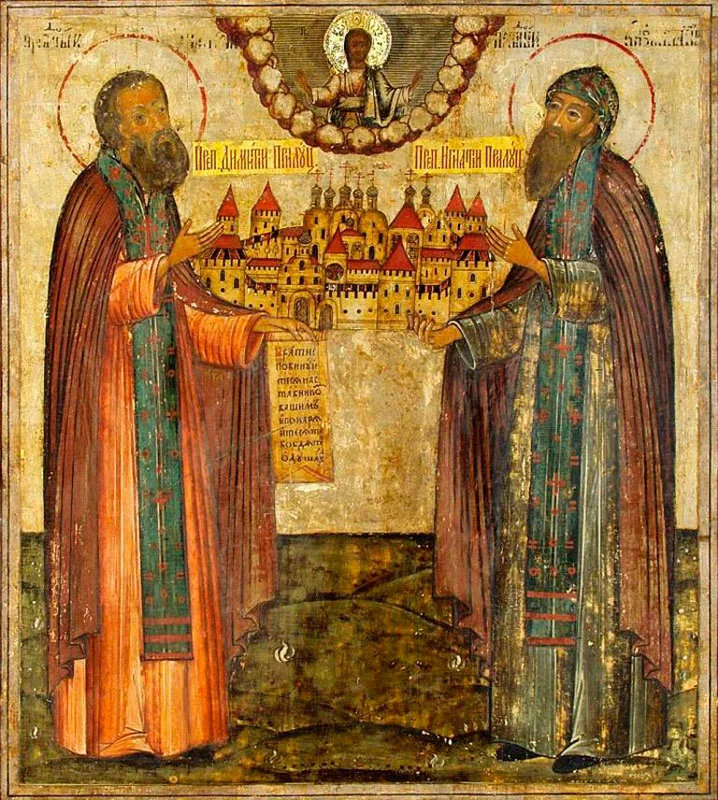 Икона с надписями «Прп. Димитрий Прилуцк[ий]» и «Прп. Игнатий Прилуцк[ий]» — оба святых изображены вместе, держащими модель обители, с благословляющим Спасителем в облаках