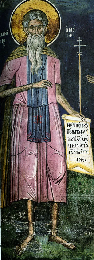Фреска с чёткой надписью «ΙΩΑΝΝΙΚΙΟΣ Ο ΜΕΓΑΣ» («Иоанникий Великий») — святой в розовом одеянии со свитком у процветшего креста