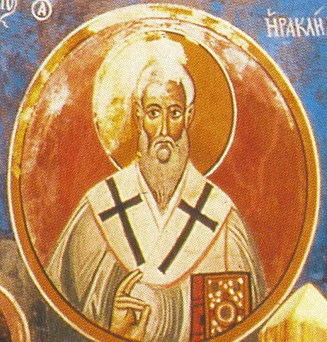 Фреска с чёткой надписью «ΗΡΑΚΛΙΔΩ» — святитель в архиерейском облачении со Св. Евангелием