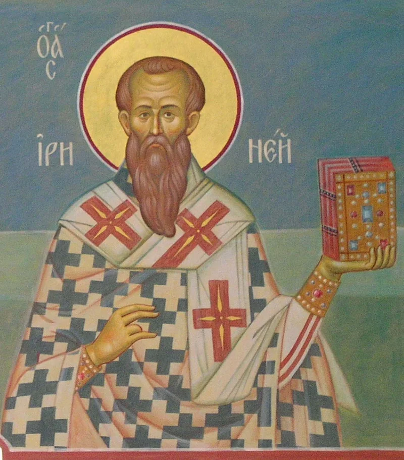 Икона с надписью «Ο ΑΓΙΟΣ ΕΙΡΗΝΑΙΟΣ, ΕΠΙΣΚΟΠΟΣ ΛΥΓΔΟΥΝΟΥ» («святитель Ириней, епископ Лугдунский») — святитель в архиерейском облачении с крестчатыми крестами на омофоре, держащий Евангелие