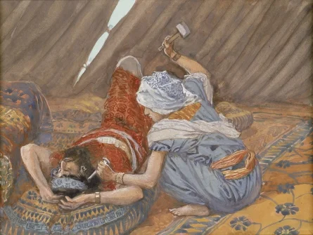 Живописное изображение (стиль Дж. Тиссо) женщины, вбивающей кол в голову спящего мужчины в шатре — классическая иконография Иаили и Сисары
