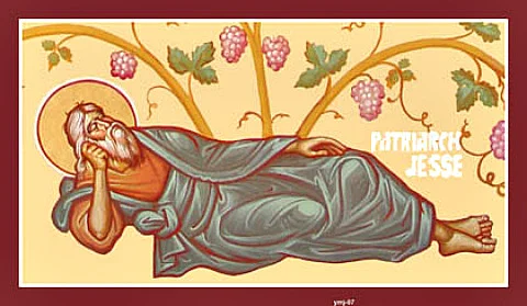 Икона с надписью «PATRIARCH JESSE» — праотец в лежачем положении, классическая иконография «Древа Иессеева»