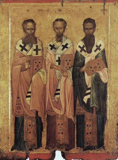 Икона Трёх святителей (свт. Василий Великий, свт. Григорий Богослов, свт. Иоанн Златоуст) с частично разборчивыми надписями имён