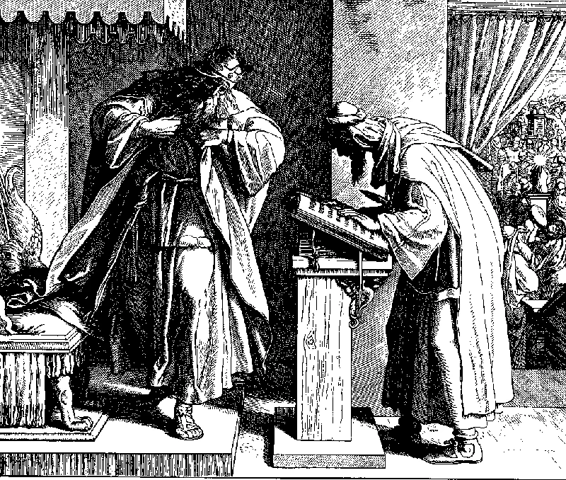 Старинная гравюра, изображающая царя, раздирающего одежды перед служителем