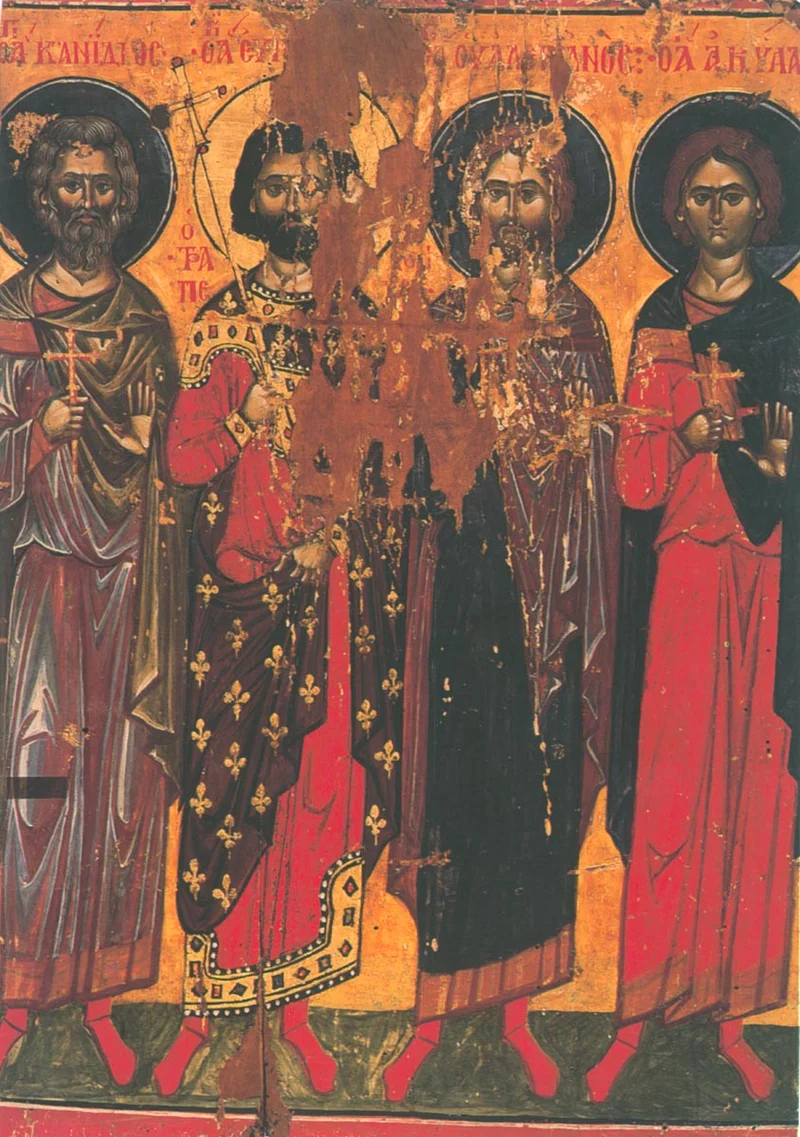 Икона (Греция, до 1577 г., мон. Дионисиат, Афон) с надписями «ΑΓ ΚΑΝΙΔΙΟΣ», «ΑΓ ΕΥΓΕ[ΝΙΟΣ]», «ΟΥΑΛΕΡΙΑΝΟΣ», «ΑΓ ΑΚΥΛ[ΑΣ]» — все четверо мучеников Трапезундских в ряд