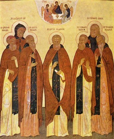 Икона с надписями имён (Арсений Коневский, Александр Свирский, Сергий Валаамский, Сергий Радонежский, Герман Валаамский, Герман Аляскинский, Трифон Кольский)