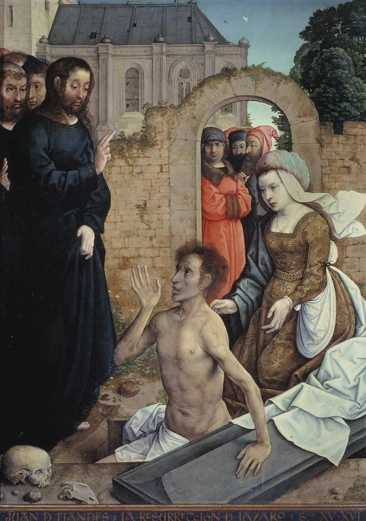 Картина Хуана де Фландеса «Воскрешение Лазаря» (подписана «LA RESURRECCIÓN DE LÁZARO») — классический евангельский сюжет с Лазарем, выходящим из гроба