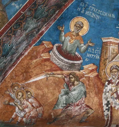 Фреска сцены казни (кипящий котёл, обезглавливание отроков), с надписью