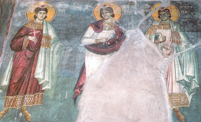 Фреска (Протат, Афон, ок. 1290 г., мастер Мануил Панселин) с надписями «...НА» (Мануил) и «САВЕЛ», третий — Исмаил