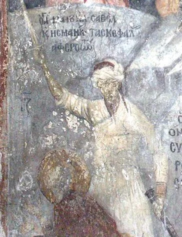 Фреска сцены казни, воин поражает мечом коленопреклонённого святого