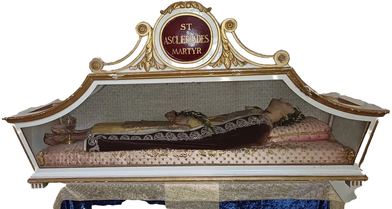 Рака с мощами, подписанная «ST ASCLEPIADES MARTYR» (Св. Асклипиад мученик)