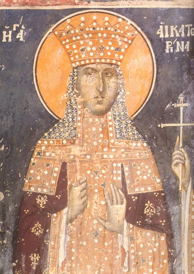 Фреска с греческой подписью «Η ΑΓΙΑ ΑΙΚΑΤΕΡΙΝΑ» (Святая Екатерина)