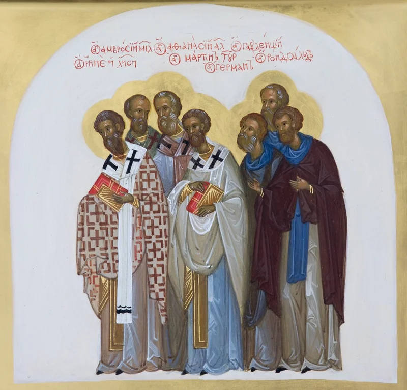 Групповая икона исповедников/святителей с частично разборчивыми именами, включая «Гавденцiй»