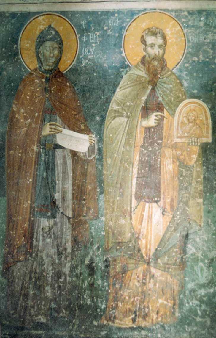 Фреска — два инока, один держит икону Христа