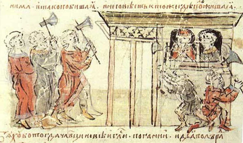 Миниатюра из Радзивилловской летописи — толпа с топорами перед домом, отец и сын на возвышении