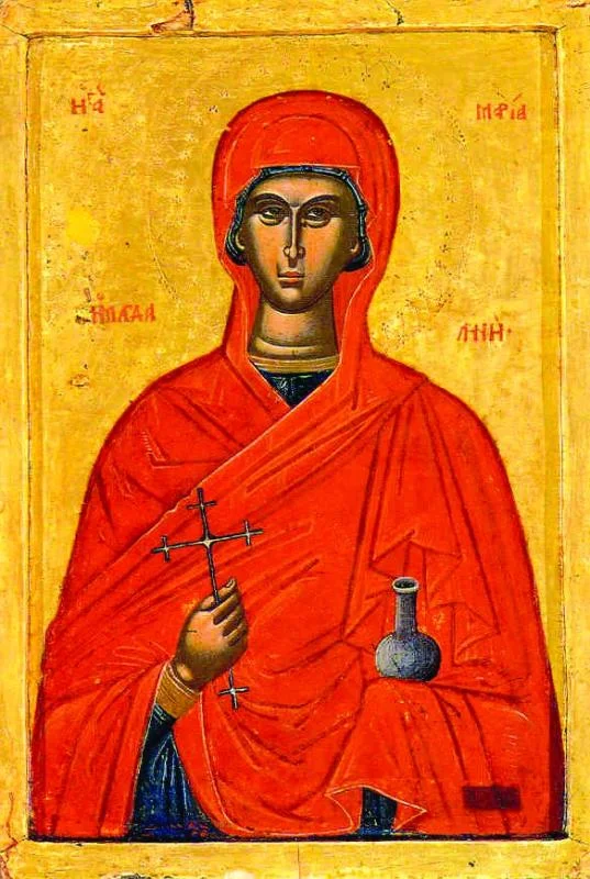 Икона с надписью «Н[А] МРIА МАГДАЛИНИ», святая с крестом и сосудом мира