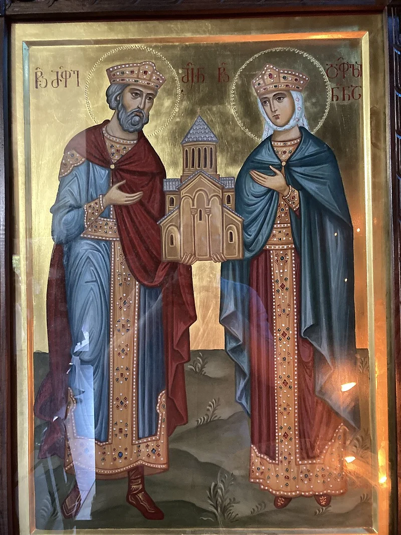 Икона царя Мириана и царицы Наны с моделью храма, надписи на грузинском языке
