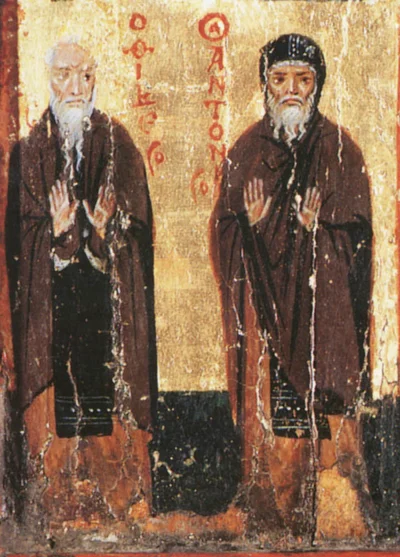 Фреска с двумя монахами, подписанными «ΠΑΥΛΟΣ» и «ΑΝΤΩΝΙΟΣ» — сцена знаменитой встречи прп. Павла Фивейского и прп. Антония Великого