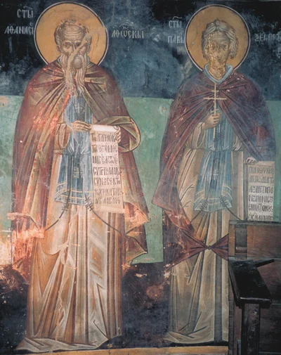 Фреска, святитель подписан «СТЫЙ АѲАНАСИЙ АѲОНСКЫ» (Афанасий Афонский), спутник — «СТЫ ПАVЪ...КСИРОПОТ...» (Павел Ксиропотамский)