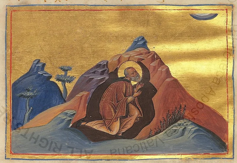 Иллюминированная византийская миниатюра (водяной знак «Vaticana», стиль Минология Василия II), монах в молитвенной позе в пещере