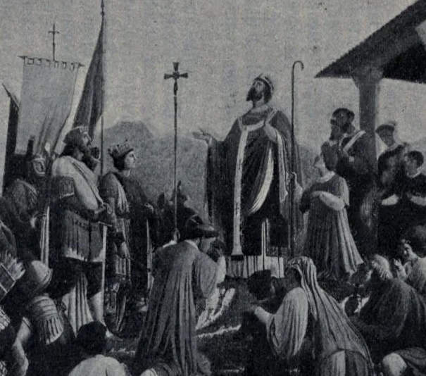 Гравюра, изображающая епископа, проповедующего толпе с воинами/королями