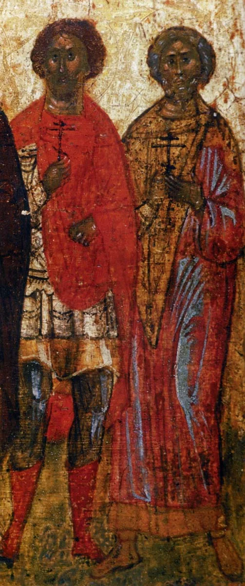 Календарная икона с мчч. Евсигнием и Понтием Римлянином (общая память 5 августа), Россия, 1-я пол. XVI в