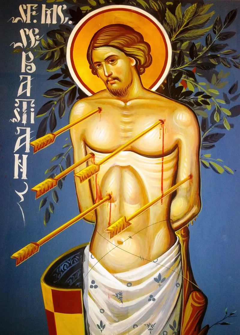 Мч. Севастиан, пронзённый стрелами — икона с надписью «SF. HS. SEBASTIAN»